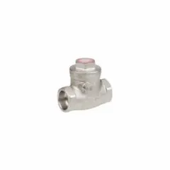 This SHARPE swing check valve features a 2-way, inline stainless steel body with 1/2 in socket connections. The metal seat allows forward flow and automatically closes to prevent backflow in piping systems. Rated for 350°F, it is suitable for water, oil, and gas lines requiring one-way flow control.