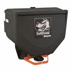 Vehicle battery-powered, gravity-fed broadcast spreader for trucks. Constructed with stainless steel and poly, featuring a hitch mount. Designed for spreading granular materials such as salt, sand, or fertilizer.