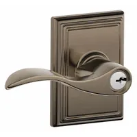 SCHLAGE office lever lockset in Addison design with satin nickel-plated, blackened, satin relieved, clear coated brass finish. Function F81 allows locking from inside with push button while outside remains unlocked. Suitable for interior office doors requiring privacy or passage control