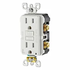 General purpose duplex receptacle rated 125V AC, 15A, NEMA 5-15R, 2-pole/3-wire grounding. White decorator style for flush mounting in standard wall boxes. Suitable for power distribution in residential, commercial, and industrial settings.