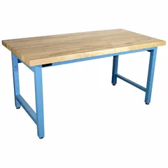 Fixed-height open-base workstation with a maple top measuring 60 x 30 inches and a blue frame. Supports up to 5000 lb overall load capacity. Suitable for heavy-duty assembly, maintenance, and packaging tasks in industrial environments.