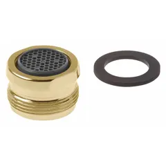 Brass aerated flow outlet with chrome finish and 15/16"-27 male connection. Includes plumbing tape. Used on faucets to reduce water flow and prevent splashing.
