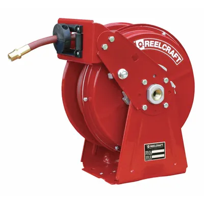 REELCRAFT Spring Return Hose Reel: 35 ft (3/8 in I.D.), 1/4 in MNPT, 300 psi Max Op Pressure - Dual-Pedestal Air or Water Spring-Return Hose Reels