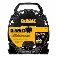 This stacked dado set from DEWALT includes 3 chippers and 4 teeth, with a maximum cut width of 7/8 inch and a -12° hook angle. It is designed for cutting grooves, rabbets, and dado joints in woodworking applications such as cabinetry and shelving. The set comes with 7 shims for fine width adjustments.