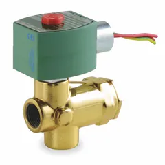This REDHAT solenoid valve is a 2-way, 2-position normally closed type for high-pressure applications. It has a 3/8 in pipe size and operates on 110V AC. The watertight coil enclosure allows use in damp or washdown environments. Typical uses include on/off flow control in industrial automation, irrigation, and process systems.
