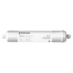 This inline water filter uses hexametaphosphate crystal media to reduce scale buildup in drinking fountains and beverage machines. It has a 4,800-gallon capacity and a quick-connect connection for easy installation. Overall height is 10 1/2 inches.