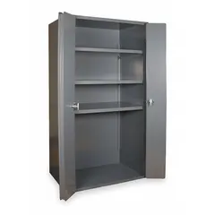 Stationary welded steel cabinet with gray powder-coated finish. Features a frame base, three adjustable shelves, and a swing handle with padlock hasp for security. Suitable for organized storage of tools, parts, and equipment in workshops, warehouses, and manufacturing facilities.