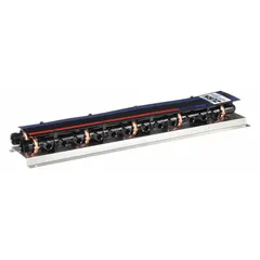 Stainless steel branch manifold with 3 inlets and 24 outlets for 1 in and 1/2 in connections. Designed for distributing water in plumbing and heating systems, allowing multiple branch lines from a single supply. Maximum operating pressure 100 psi.