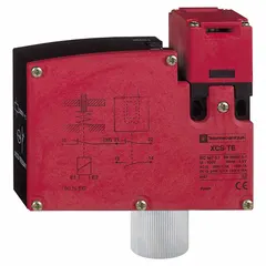 Key-actuated safety-interlock switch with pivoting actuating key, 2NC contacts, and 1/2 in NPT conduit terminal connection. Used to monitor the position of movable machine guards, preventing machine operation when the guard is open.