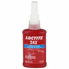 LOCTITE 243 is a primerless, medium-strength threadlocker designed to secure threaded fasteners against loosening from vibration. It is oil tolerant, allowing application without prior cleaning. After curing, fasteners can be removed with hand tools. Supplied in a 1.69 fl oz bottle.
