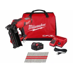 This combo kit includes a 21° strip collation framing nailer, one 5.0 Ah M18 FUEL™ Li-Ion battery, and a plastic carrying case. Designed for cordless operation, it is suitable for framing, sheathing, and truss work in construction.