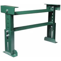 Steel H-style support stand with green finish for permanent mounting. Designed for 39-inch between frame width, with minimum height of 17 inches and overall width of 39 inches. Provides a stable base for conveyor systems in material handling applications.