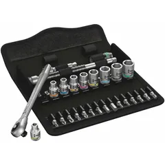 This 28-piece metric socket set includes a 1/4 in drive, 6-point sockets from 5 mm to 13 mm, and 11 bits. A friction ring retains sockets securely during use. Suitable for fastening and loosening metric fasteners in automotive repair, machinery maintenance, and industrial assembly.
