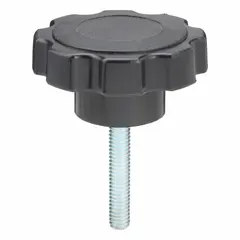 This 8-arm knob features a plastic body with a steel threaded stud for manual adjustment and clamping. The 2.38 in diameter and 5/16"-18 thread size suit applications requiring frequent hand tightening on machinery, jigs, and fixtures.