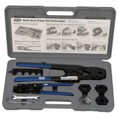 Steel PEX crimping tool kit with 1,322 lb force rating. Includes Go/No Go Gauge for verifying crimp quality. Compatible with 1/2 in, 3/4 in, 3/8 in, and 5/8 in PEX fittings and a minimum wire size of 0.375 in. Used for securing PEX tubing connections in plumbing and radiant heating systems.