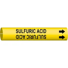 Snap-on pipe marker for identifying pipes carrying sulfuric acid. Yellow background with black legend and directional arrows. Fits pipe outer diameters from 3/4 to 1-3/8 inches. Supplied as a single marker.