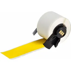 Precut sleeve label made of polyvinyl fluoride with black-on-yellow printing. Measures 1 3/8 in x 1 1/2 in. Designed for use with the M610 printer series and requires M61-R4310 ribbon. Commonly used for wire and cable identification in industrial environments where resistance to abrasion and chemicals is needed.