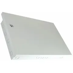 Surface-mount enclosure for housing backup batteries in fire alarm systems. Body height 14 1/2 inches, body depth 2 3/4 inches. Provides physical protection for batteries in commercial or industrial settings.
