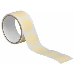 Tan, pre-cut disc masking tape with crepe paper backing and rubber adhesive. 1 inch diameter, 7.5 mil thickness. For indoor paint applications on painted surfaces.