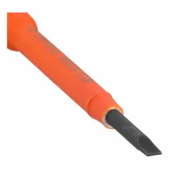 Insulated slotted screwdriver with a 3/32 in tip size and standard length. Features induction hardened steel shaft and cushion grip handle. Designed for turning slotted screws in electrical panels, junction boxes, and similar equipment where protection against shock is required.