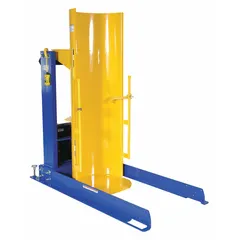 Stationary hydraulic drum dumper for 55-gallon plastic drums. Steel chute and housing. 1,000 lb weight capacity. Operates on 115V AC via power cord. Clamp secures drum. Batteries not included.