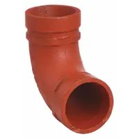 This 90° grooved pipe elbow is made of ductile iron and sized 8 in x 8 in. It is rated for a maximum operating pressure of 300 psi at 150° F. Used in industrial piping systems to change flow direction, it is commonly applied in fire protection, HVAC, and process water lines