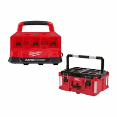 This charger kit simultaneously charges up to six 18V DC batteries. It operates on 120-127V AC input and charges a 5 Ah battery in 1 hour. Suitable for job sites requiring multiple batteries to be charged efficiently.