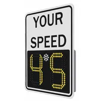 Battery-powered radar speed display sign with aluminum construction and white background. Features high-intensity prismatic retroreflective sheeting. Nominal size 23 x 29 in (W x H). Used to alert drivers of their current speed in areas such as school zones, construction sites, parking lots, and municipal roadways