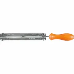 This chain saw file and guide set is designed for sharpening chainsaw chains. It includes a file and a guide to maintain correct filing angles. Compatible with Makita 3/8 in LP chains, it helps restore cutting performance and extend chain life.