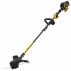 This battery-powered string trimmer features a 15-inch cutting width and a straight 45-inch shaft. It is designed for trimming grass and weeds along fences, walls, and garden beds. The trimmer is not capable of attachment use and operates on DEWALT batteries (sold separately). Suitable for residential and light commercial landscaping tasks.
