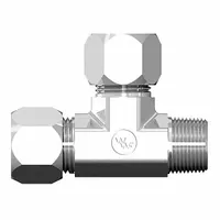 This flareless bite-type steel compression tee fitting is used to branch tubing lines in hydraulic and pneumatic systems. It features a 5/8 in OD tube size on two ends and a 1/2 in pipe thread connection, with a 1/2"-14 thread size. The fitting creates a leak-tight seal without flaring, suitable for high-pressure applications