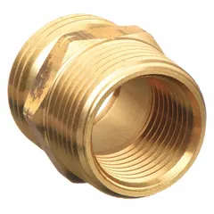 This rigid male x male adapter connects garden hose threads (GHT) to NPT fittings. With a 33 mm overall length, it is suited for water supply and irrigation systems requiring a direct male-to-male connection.