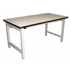 Laminate workbench with a 72 in x 30 in beige top. Fixed-height open base supports an overall load capacity of 5,000 lb. Suitable for industrial assembly, maintenance, and testing tasks.
