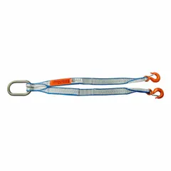 Polyester two-leg bridle web sling with protected-edge construction for lifting and rigging loads. Type X sling with 1 ply, 6 ft sling length, 2 in sling width, and 10 in eye length. Silver color. Suitable for overhead lifting applications where stable load distribution and edge protection are required.