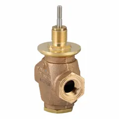 This 2-way globe valve features a bronze body, stainless steel stem, and brass seat. It has 1/2 in female NPT connections, a CV flow rating of 4.6, and stem-up-to-close action for normally closed applications. Suitable for flow regulation in hydronic HVAC systems.