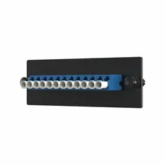 Single-mode OS2 fiber optic adapter plate with 12 LC simplex ports, UPC contact finish, and blue housing. Used for terminating and connecting fiber optic cables in structured cabling environments such as data centers and telecom rooms.