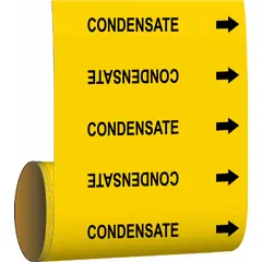 Yellow adhesive pipe marker with black legend reading 'Condensate' and directional arrows. Designed for pipes with an outside diameter of 2 inches and smaller. Each roll contains 30 markers for identifying condensate lines in piping systems.