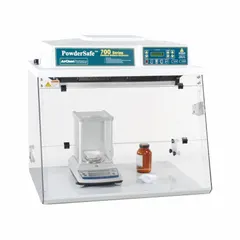 Fully assembled enclosure for containing powders and bulk materials during weighing, mixing, or handling. Includes blower, base/stand, and work surface. Overall dimensions: 32 in wide, 30 in high, 24 in deep.