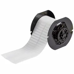 Acrylic thermal transfer precut label roll with permanent adhesive, measuring 1/4 in x 1 1/2 in. Supplied in rolls of 8,000 labels. Halogen-free material. Compatible with i5300 printer series. Used for industrial identification, asset tagging, cable marking, and safety signage.