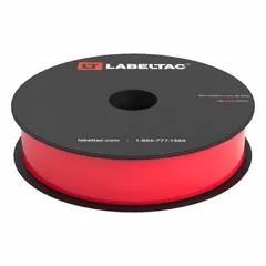 Continuous label roll for use with LabelTac Pro 2 printers. Red gloss vinyl material rated for indoor and outdoor applications. Thermal transfer printing produces durable labels for pipe marking, equipment identification, and general industrial labeling.