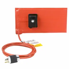 Fiberglass-reinforced silicone rubber heating blanket with adhesive backing for direct attachment to surfaces. Grounded and moisture resistant. Measures 12 in length, 6 in width, 3/16 in thickness. Maximum operating temperature 218°C. Suitable for applying controlled heat to pipes, tanks, or process equipment.