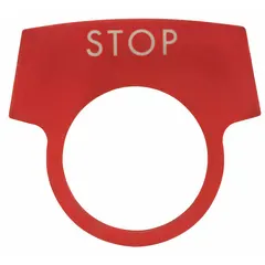 Half-round push-button ring and plate with 30 mm panel mounting size, designed for Series N1/N2 enclosures. Constructed of black metallic aluminum with white English 'Stop' markings. Suitable for labeling and actuating stop functions on industrial control panels.