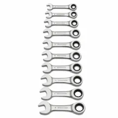 This SAE 12-point ratcheting combination wrench set is constructed from alloy steel with a full polish chrome finish. The wrenches are standard length, non-reversible, and non-flex-head, suitable for tightening and loosening fasteners in automotive repair, industrial maintenance, and mechanical assembly.