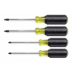 This 4-piece set includes square tip screwdrivers in sizes #0, #1, #2, and #3. Designed for driving square-recess (Robertson) fasteners, it is suitable for electrical, construction, and maintenance tasks such as panel work, device installation, and general assembly.