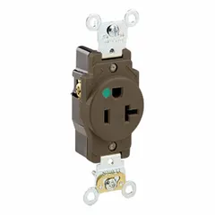 Single, 5-20R receptacle rated 20A at 125V AC, 2-pole/3-wire grounding. Brown thermoplastic face. For general-purpose power distribution in commercial and institutional environments.