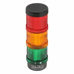 Three-tier tower light assembly with green, red, and yellow light tiers for visual status indication. No sounder tier. Overall height 212 mm. Operating voltage 24V AC/DC. Used in industrial automation and machinery to signal machine states such as running, fault, and warning.