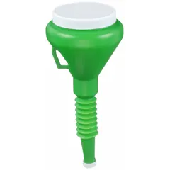 Polyethylene funnel with 48 fl oz capacity, 4 in diameter, and 13 1/2 in height. Includes caps on each end to seal the funnel for containing fluids during transport or storage. Suitable for transferring and handling fluids in workshop and maintenance settings.