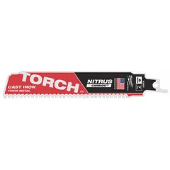 Carbide reciprocating saw blade for thick-metal cutting. 6-inch blade length, 0.05-inch thickness, 8 teeth per inch. Rigid straight-cut geometry for clean cuts in ferrous metals during demolition, fabrication, and maintenance.