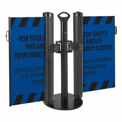 Retractable belt barrier system with a single post and 38 in height. Features an 11 1/2 ft blue belt with round flat profile displaying 'Area Temporarily Closed' in black. Used for temporary area control and crowd management in industrial, warehouse, and public settings.
