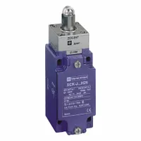 The XCKJ167H7 is a top-mount limit switch with a steel roller plunger actuator and screw clamp terminals. Its non-metallic housing is suited for industrial position sensing in automated machinery, conveyors, and packaging equipment